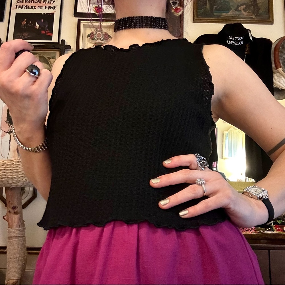 shein basic black poly / rayon / spandex waffle knit lightweight crop tank / xl